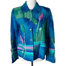 Sandy Starkman 3D Floral Art To Wear Shirt Jacket 100% Silk Blue Women&#39;s Size M - £38.71 GBP