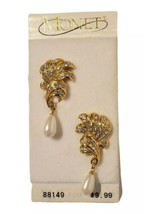 Vintage Monet Statement Clear Rhinestones &amp; Drop Pearl Earrings Hollywood NOS - £35.84 GBP