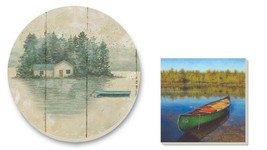 Stoneware Coasters Set of 4 Lakeside Canoe Pond Lodge + Coordinating Trivet USA - £19.85 GBP
