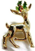 Deer Reindeer Mistletoe Vintage Brooch Pin Enamel Christmas Golden Hallmarked - £11.86 GBP