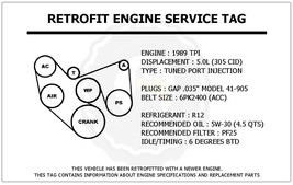 1989 TPI 5.0L Trans Am Retrofit Engine Service Tag Belt Routing Diagram ... - $14.95