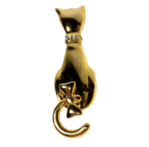 AAI Signed Cat Brooch Pin Gold Tone Rhinestone with Moveable Tail Vintage - $19.00