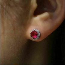 2.10Ct Round Simulated Red Ruby Attractive Halo Earrings 14k White Gold Plated - £45.96 GBP