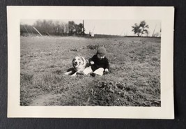 Small Antique Photograph of Little Boy with Collie or Shepherd Type Dog on Farm - £5.19 GBP
