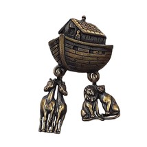 JJ Jonette Noah&#39;s Ark Lion Giraffe Brass Tone Dangling Charms Lapel Pin Brooch - £7.11 GBP
