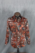 Vintage Disco Shirt - Brown and Black Floral Pattern - Men&#39;s Large - $39.00