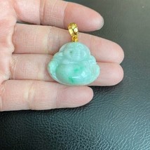 14K Real Gold Natural Jade Carving Laughing Buddha Pendant Male Big Belly - £239.67 GBP