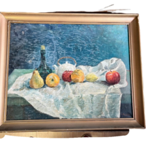 Antique Still Life Apples Painting Oil On Canvas Blue Signed L. Robbins 32&quot;x26&quot; - £402.13 GBP