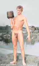 Gay male figure nude bather holding up a rock colorized vintage art photograph - £5.50 GBP+
