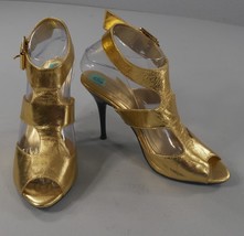 Ralph Lauren Baird Leather Gold T-Strap Strappy Sandal Heels Shoes Wms Size 8M - £30.08 GBP