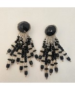 Vtg Beaded Tassel Earrings Black Clear Acrylic Handmade Waterfall 3.5&quot; - $380.59 MXN