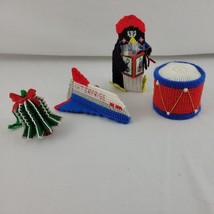 Needlepoint Ornament Set 4 Handmade Finished Penguin Airplane Bell XMAS Tree  - £7.03 GBP