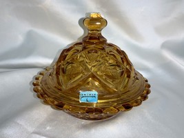 Vintage New Martinsburg Viking Glass Amber Thumb Diamond Print Butter Dish - £27.89 GBP