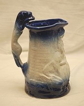 Old Vintage Art Pottery Blue &amp; White Pitcher w Dog Handle Unknown Maker - £46.70 GBP