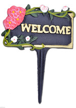 Welcome Garden Sign Pink Flowers Black Cast Iron Yard Plaque Flower Bed 7&quot; W N - £10.82 GBP