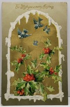 Christmas Snow Capped Golden Window Bluebirds Holly Embossed 1908 Postca... - $6.95
