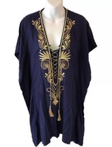 Lilly Pulitzer Chai Caftan Dress True Navy Blue GOLD Embroidery Cover Up... - $144.65