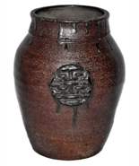 Michael Hughes Studio Pottery Vase 10 1/4&quot; Dark Brown Glaze Circular Design - $136.77 CAD