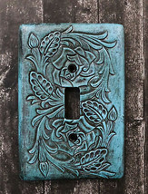 Set of 2 Western Tooled Floral Turquoise Wall Single Toggle Switch Plates - $25.99