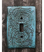 Set of 2 Western Tooled Floral Turquoise Wall Single Toggle Switch Plates - $25.99