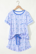 Sky Blue Bow Printed Ruffled Short Lounge Set - $381.80 MXN
