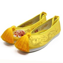 Women Flats Bride Shoes Chinese National Wedding Yellow Satin Dragon Phoenix Emb - £42.28 GBP