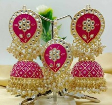 Bollywood Style Plaqué Or Indien Bijoux Kundan Rose Émaillé Jhumka Tikka Set - £41.07 GBP