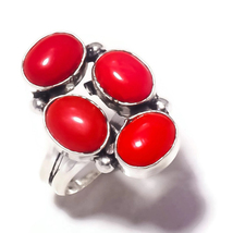 Italian Red Coral Cabochon Oval Gemstone 925 Silver Overlay Handmade Ring US-8 - £9.58 GBP