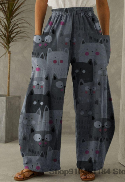 Women Cat Lover Print Trousers Summer High Elastic Waist Wide Leg Loose ... - $19.89