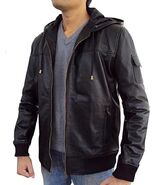 Hoodie Stylish Festive Black Men Halloween Lambskin Leather Motorcycle J... - $145.60+