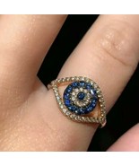 0.60Ct Simulated Diamond &amp; Blue Sapphire Evil Eye Ring 14k Rose Gold Plated - £58.21 GBP