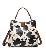 Cow Print Satchel with Magnetic Closure Zip and Slip Pockets - €47,28 EUR