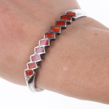 6 3/8&quot; 40&#39;s-50&#39;s Zuni Silver coral channel inlay zig-zag bracelet - £216.83 GBP