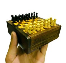 Handmade Wooden Mini Chess Board Game ~ Travel Vintage Chess Set Wooden Box - £31.13 GBP