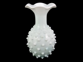 Fenton Light Blue Milk Glass Long Neck Ball Vase, Hobnail, Ruffled Rim, #FNT-312 - $29.35