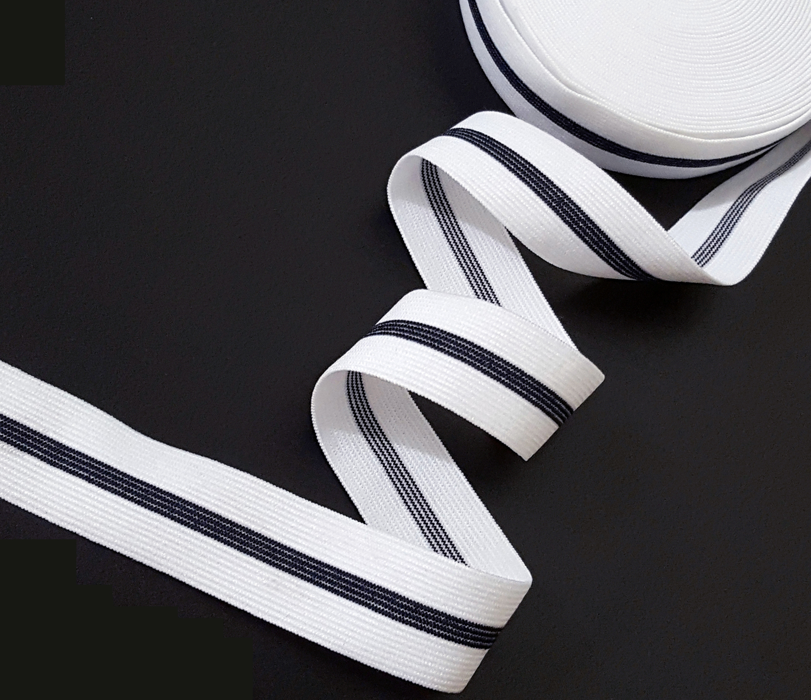 Primary image for 3/4" (almost 7/8")/ 2cm wide - 5-20 yds White w/ Black Stripe Elastic Band EB86 