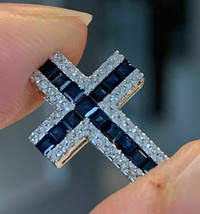 2Ct Princess Cut Lab Created Blue Sapphire Cross Pendant 14k White Gold Plated - £82.65 GBP