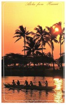 Outrigger Canoeing at Dusk Framed w Palm Trees Sunset Hawaii Postcard - £5.38 GBP