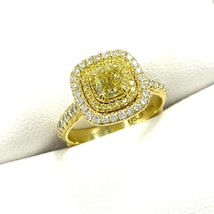 1.42 TCW GIA Fancy Intense Yellow Cushion Brilliant Diamond Halo Ring 18k Gold - £4,746.49 GBP