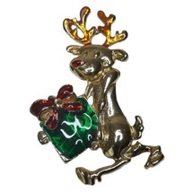 Christmas Holiday Gold Tone Reindeer w Red Green Enamel Gift Brooch Pin  - £8.35 GBP