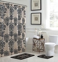 Beige Black Damask Elegant 15 pc Shower Curtain Set Hooks 72 inch L Bath Rugs - £69.22 GBP