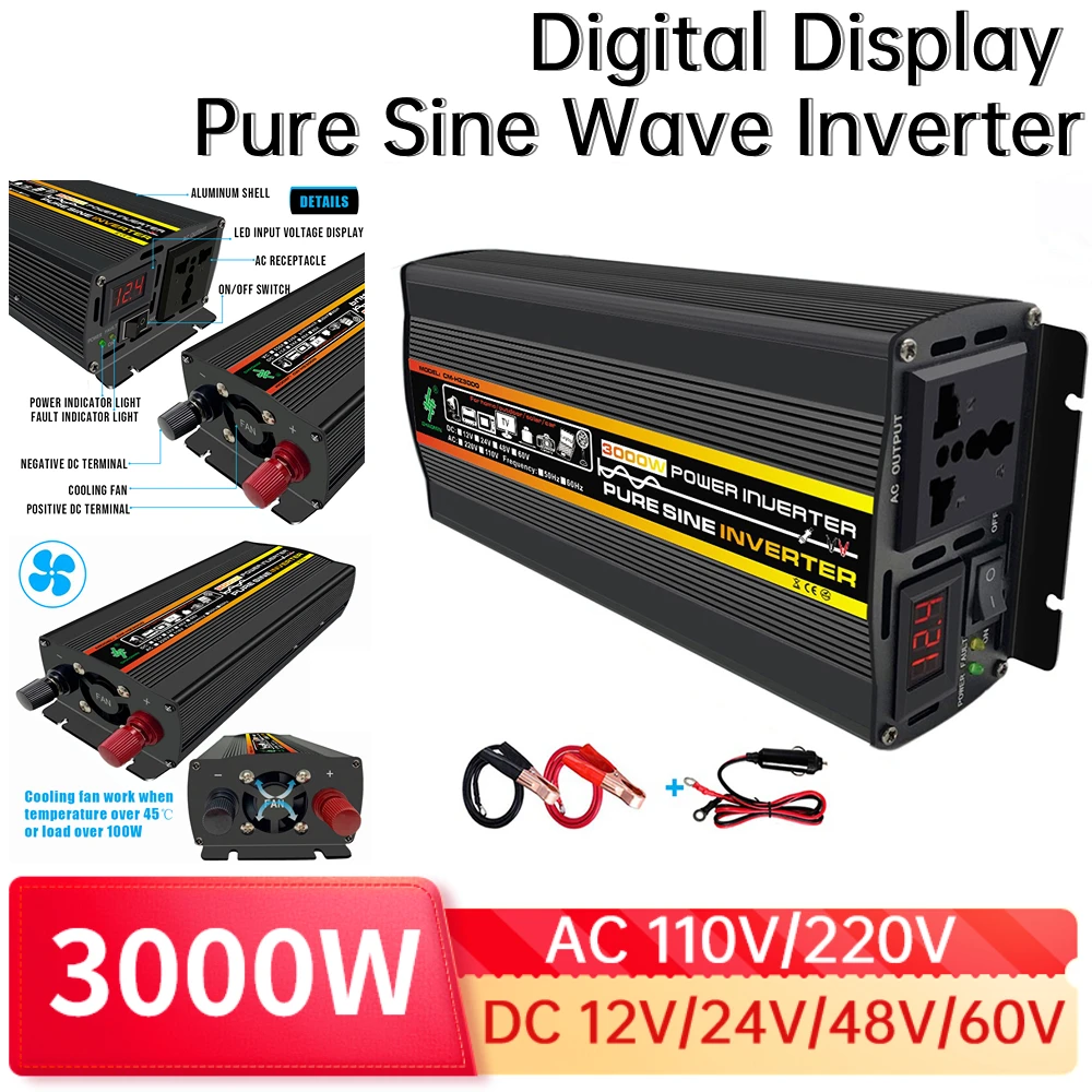 3000W Home Car Power Inverter DC 60V 48V 24V 12V AC 110V-220V Pure Sine Wave - £49.49 GBP+