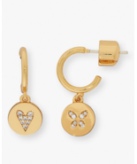 Kate Spade Butterfly Heart Disc Gold Huggie Earrings Crystal Pave - £31.47 GBP