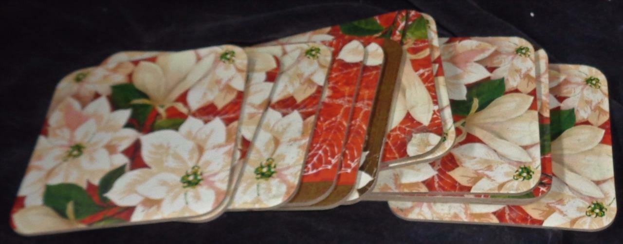 Nice Set of 12 Festive Poinsettia Laminate Cardboard Coasters - PRETTY -... - $7.91