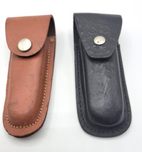 2 Vintage Brown &amp; Black Leather SHEATHS ONLY for Pocket Hunting Camping ... - $28.95