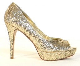 Women&#39;s Guess Gaby Gale Glitter Gold Peep Toe Platform Heels Pumps  - £74.78 GBP