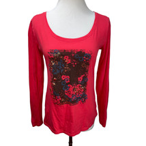 LUCY Red Pink Floral Grahic Print Long Sleeve Knit Light Workout Pima Cotton - £12.36 GBP