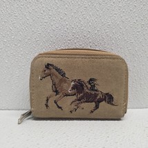 Brown Suede Embroidered Horse Credit Card Zip Wallet - $310.56 MXN