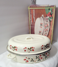 UNUSED Strawberries &#39;n Cream Porcelain on Metal 1982 Large Roaster + ORIG BOX - £45.36 GBP