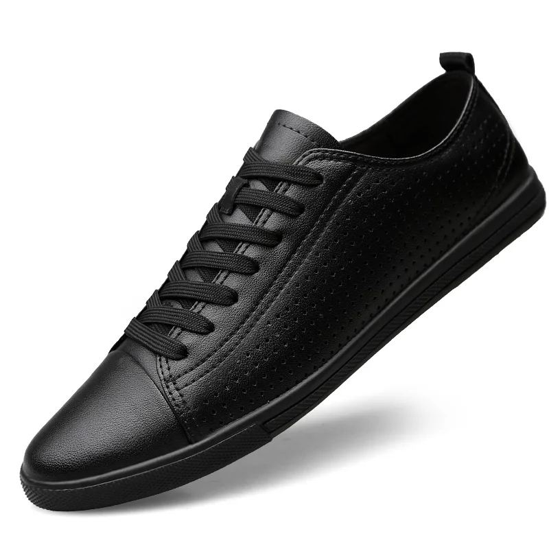 Mens White Shoes Genuine Leather Breathable Sneakers Black Flats wild ca... - £71.93 GBP